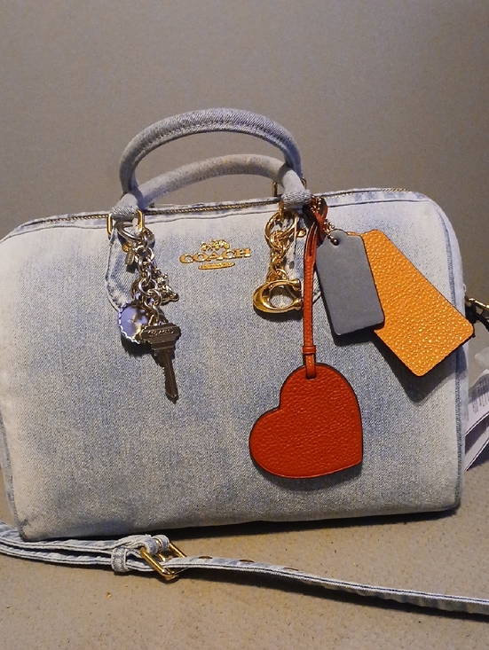 Coach Handbags - Coach Light Denim Satchel with Red Heart Charm and Orange Tag
